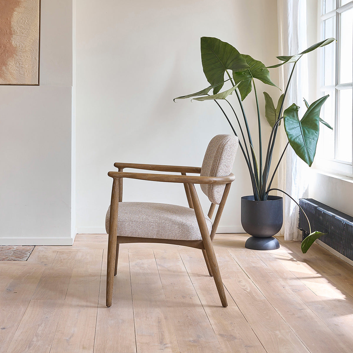 EUGÈNE - Sessel aus Eichenholz und strukturiertem Stoff, cremefarben