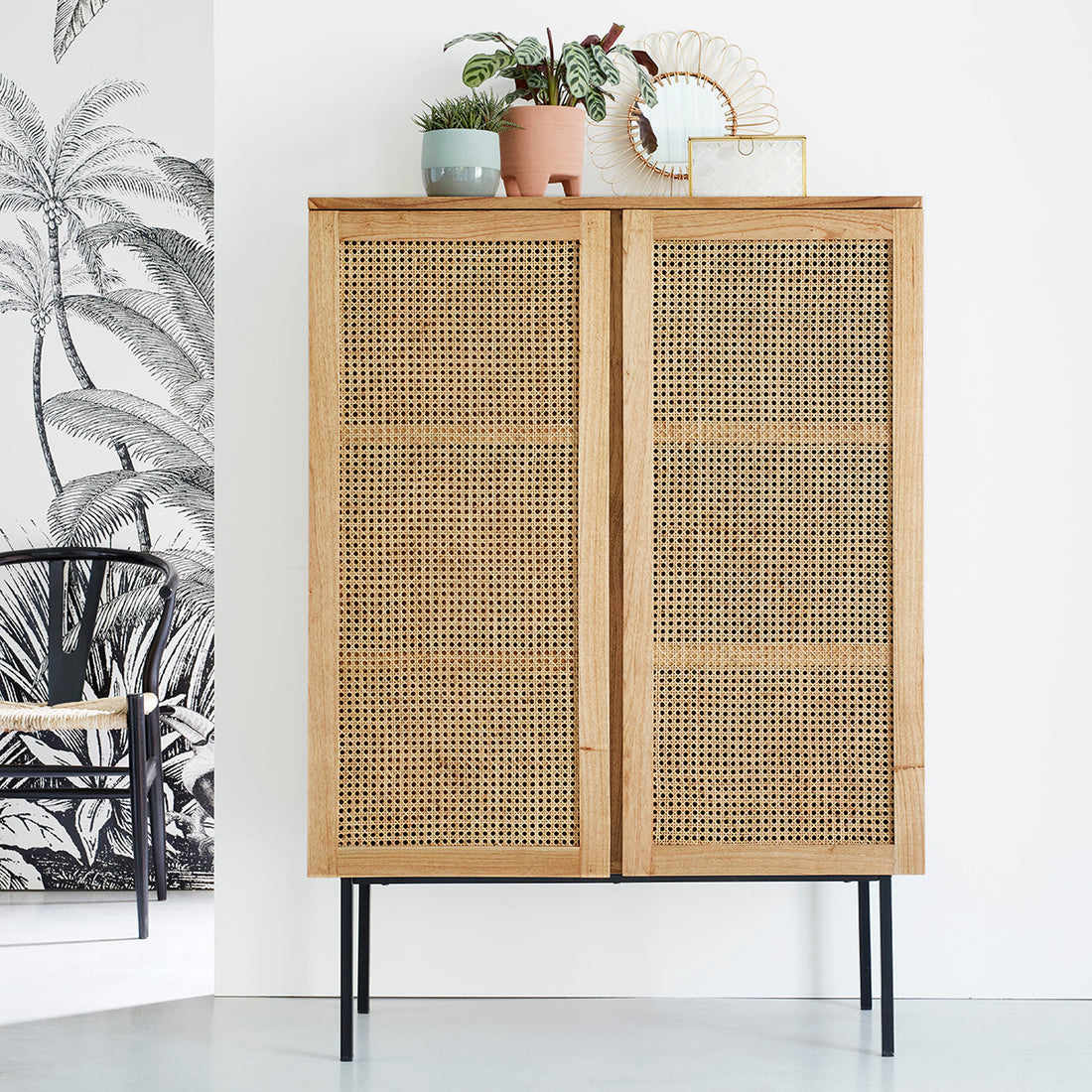 AUBIN - Schrank aus massivem Mindi und mit Rohrgeflecht 100 cm