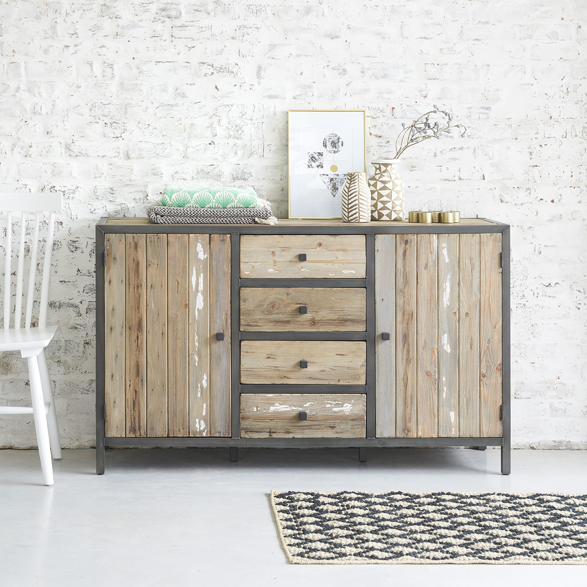 INDUS - Kommode aus massivem recyceltem Holz und Metall 150 cm