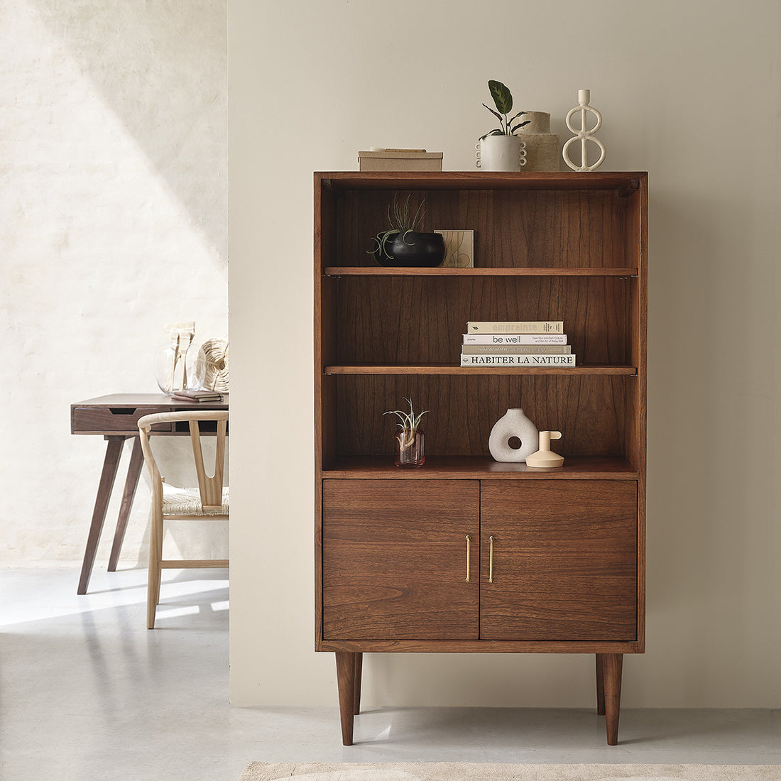VINTAGE - Bücherregal aus massivem Mindi mit Walnuss-Finish, 85 cm