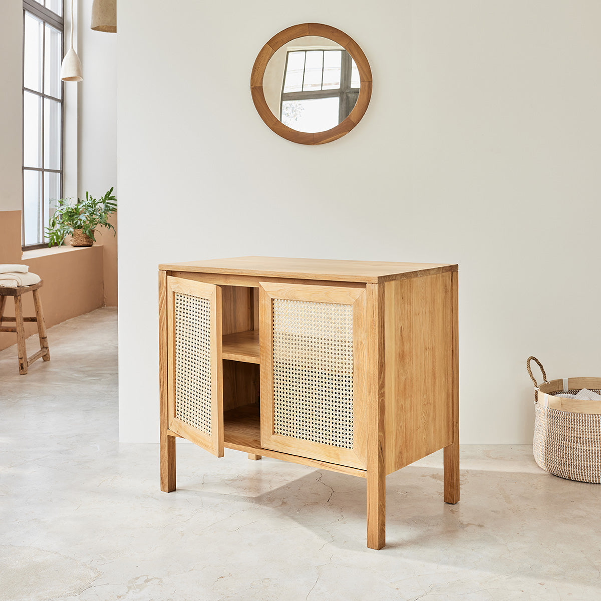 ELIOTT - Waschtischunterschrank aus massivem Teakholz und Rohrgeflecht 90 cm