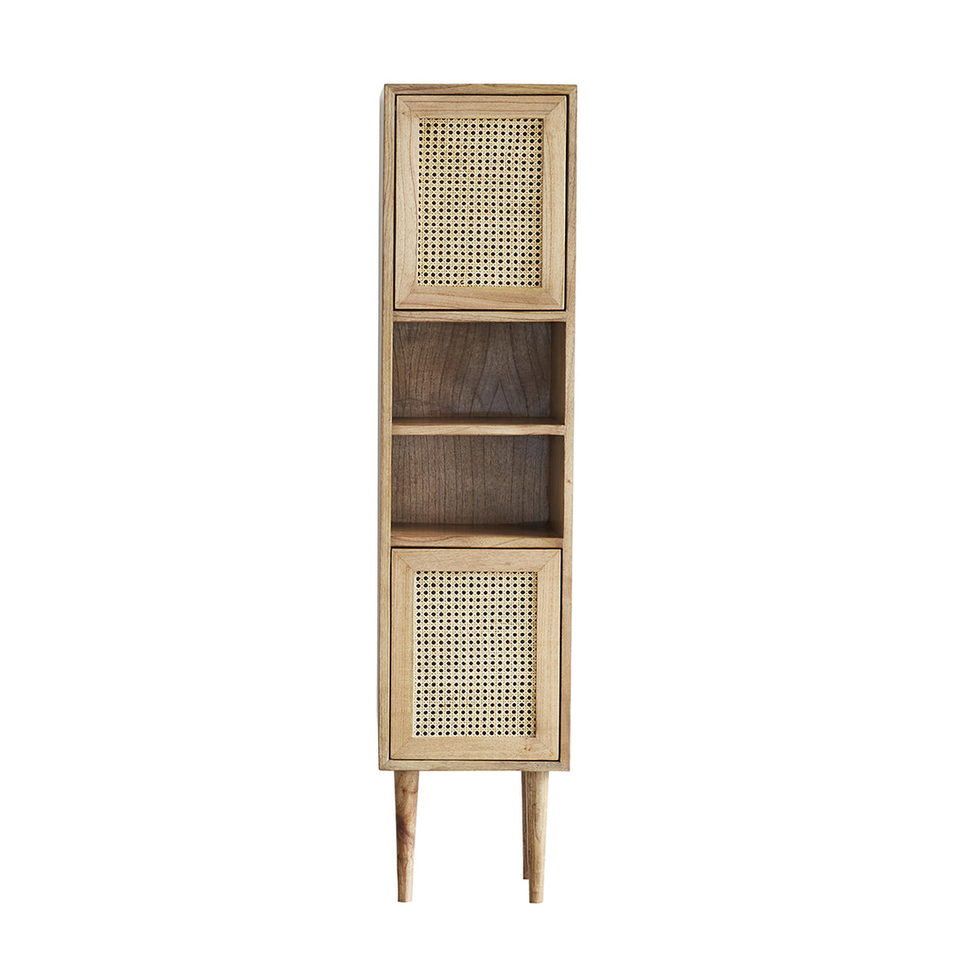 HANA - Badezimmer-Hochschrank aus massivem Mindi und mit Rohrgeflecht 150 cm