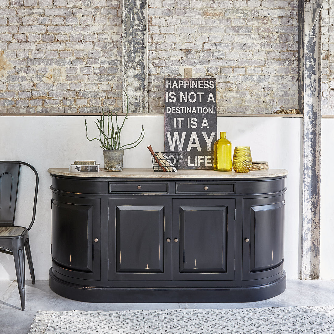 LONDRES - Sideboard aus Mahagoni und massivem Teakholz, 180 cm, schwarz