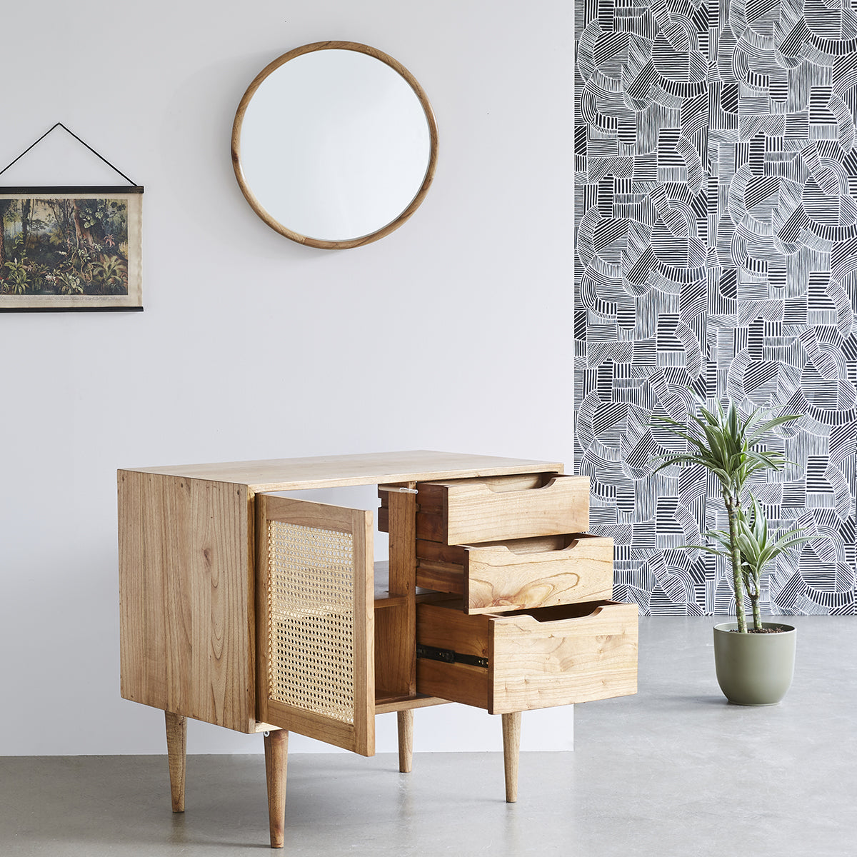 HANA - Waschtischunterschrank aus massivem Mindi und mit Rohrgeflecht 85 cm