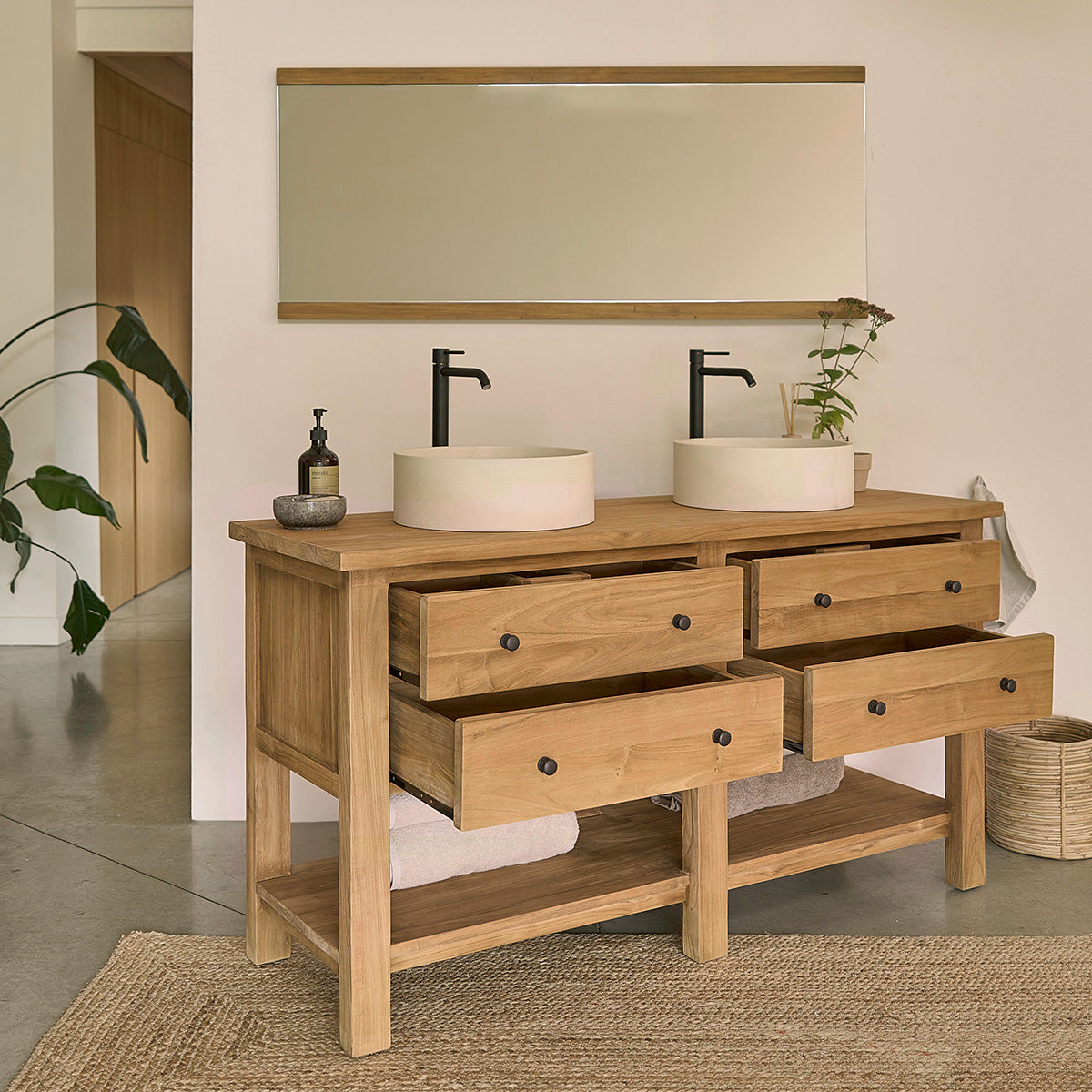 NAHELE - Waschtischunterschrank aus massivem recyceltem Teakholz 150 cm