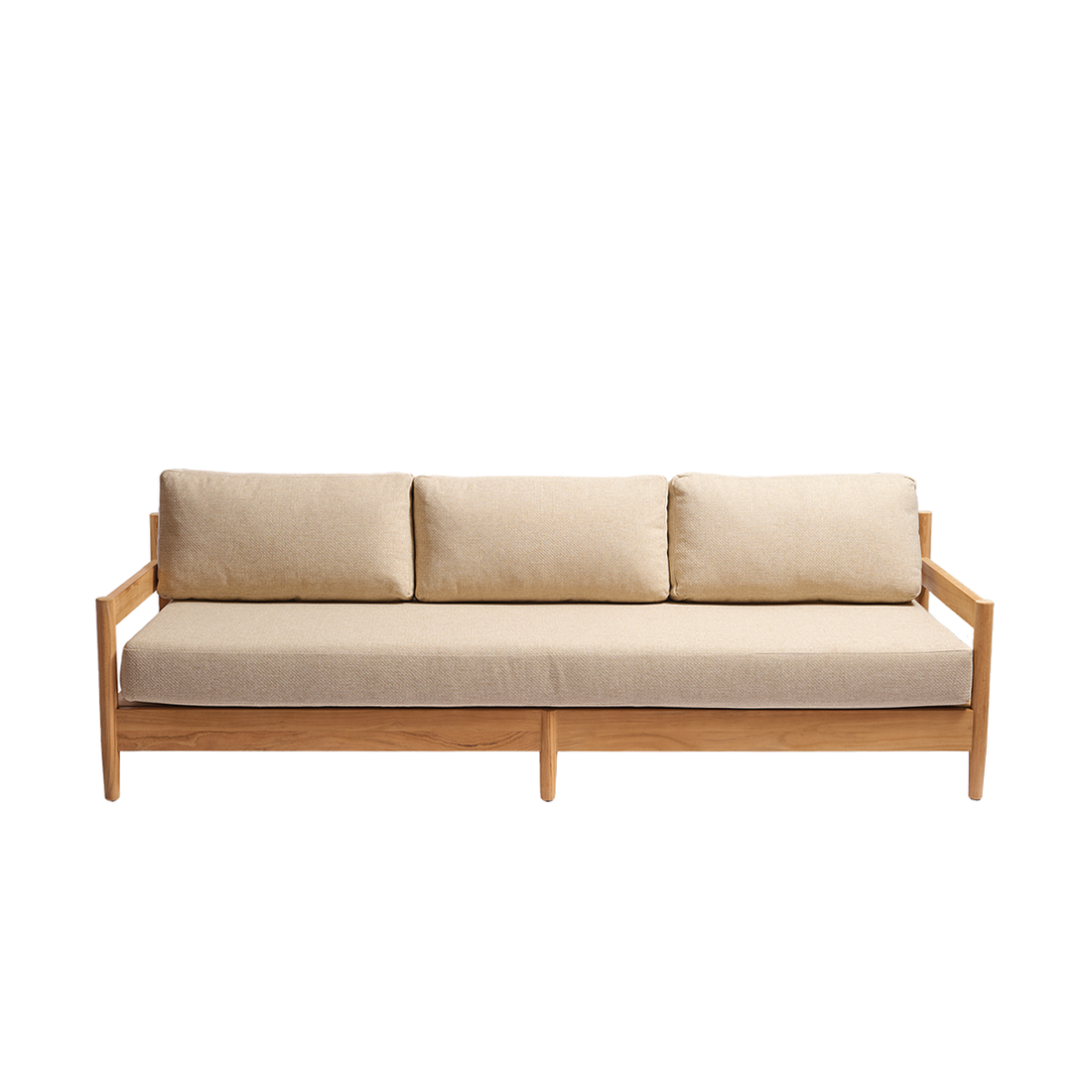 CALVI - Niedriges Gartensofa aus massivem Teakholz mit beige melierten Kissen, 4-Sitzer
