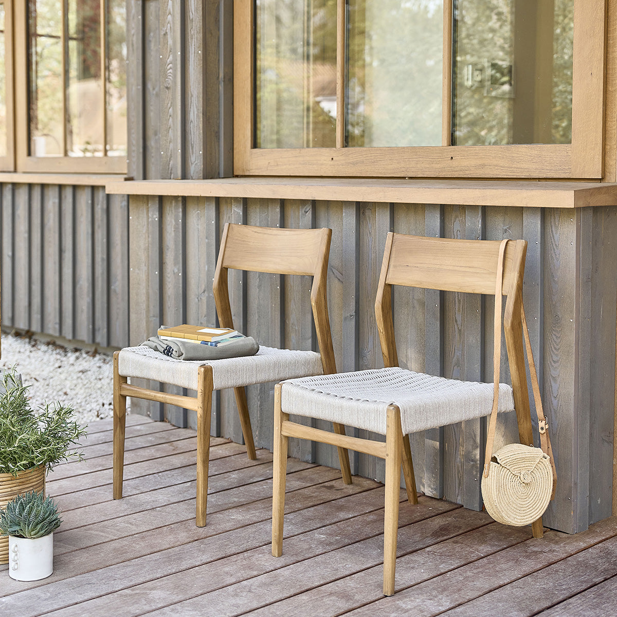 LIVIE - Gartenstuhl massives Teakholz und beigem Seil (2er Set)