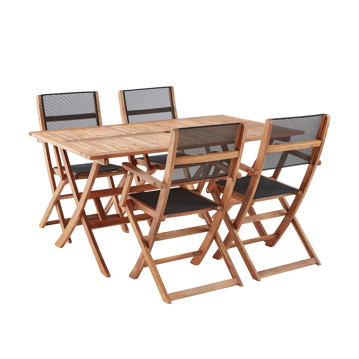 HANOÏ - Gartenmöbel aus massiver Akazie und schwarzem Textilene 4 Sitze