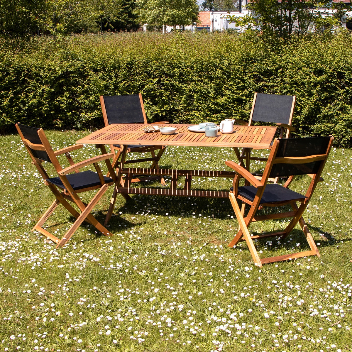 HANOÏ - Gartenmöbel aus massiver Akazie und schwarzem Textilene 4 Sitze