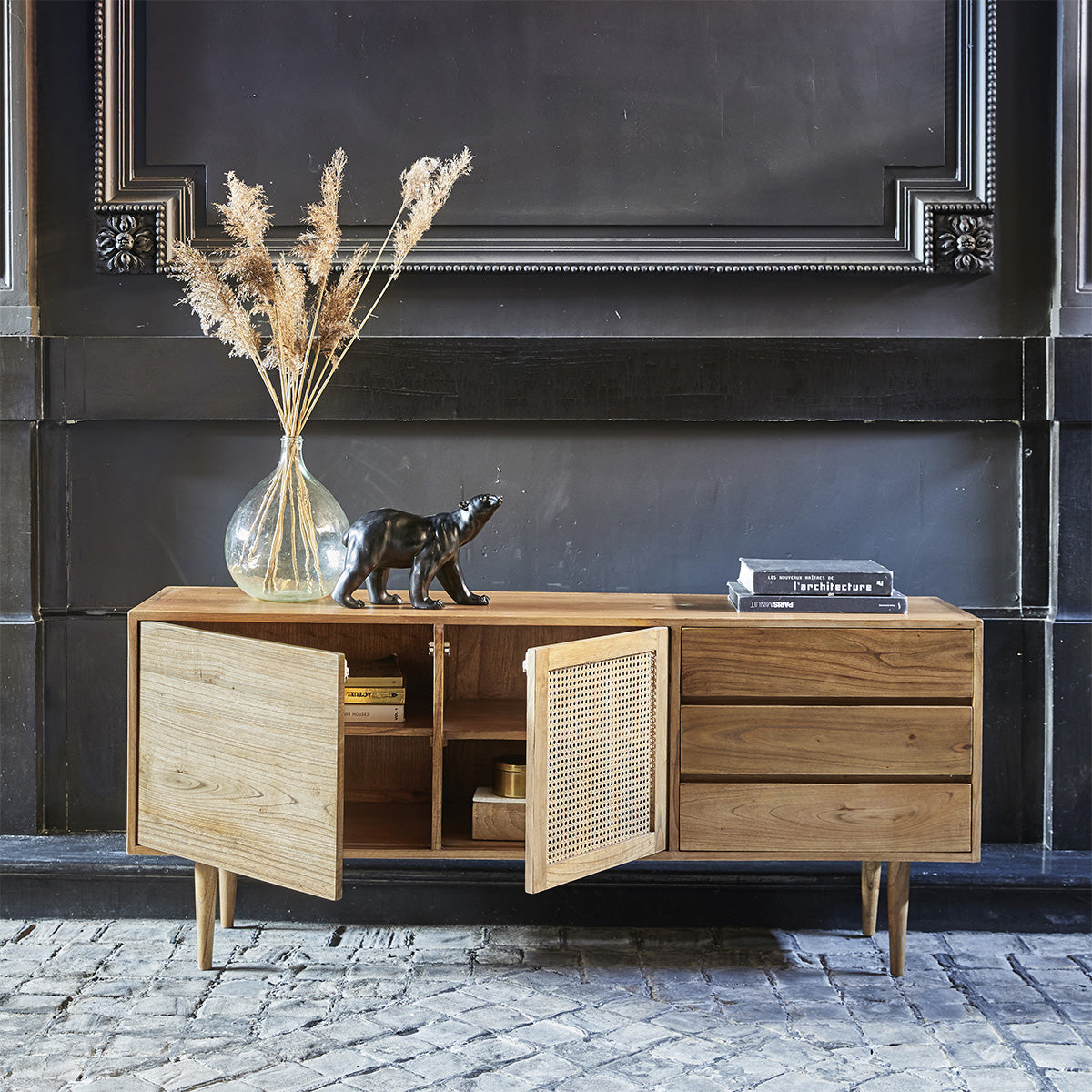 HANA - Buffet aus massivem Mindi und Rohrgeflecht 175 cm