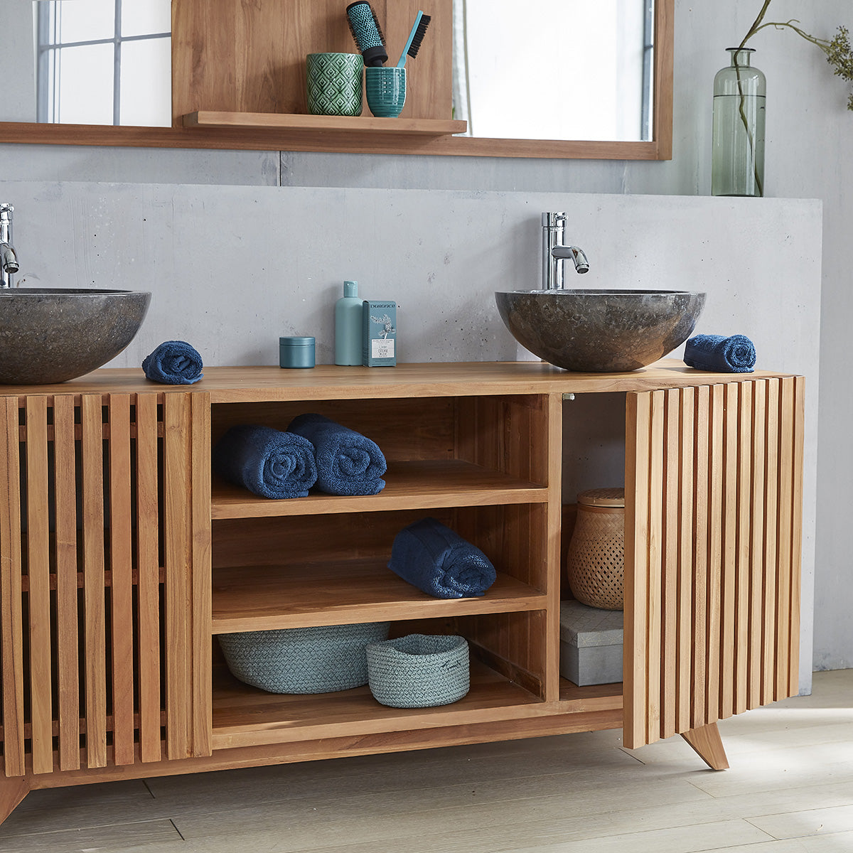 RIO - Waschtischunterschrank aus massivem Teakholz 160 cm mit Latten