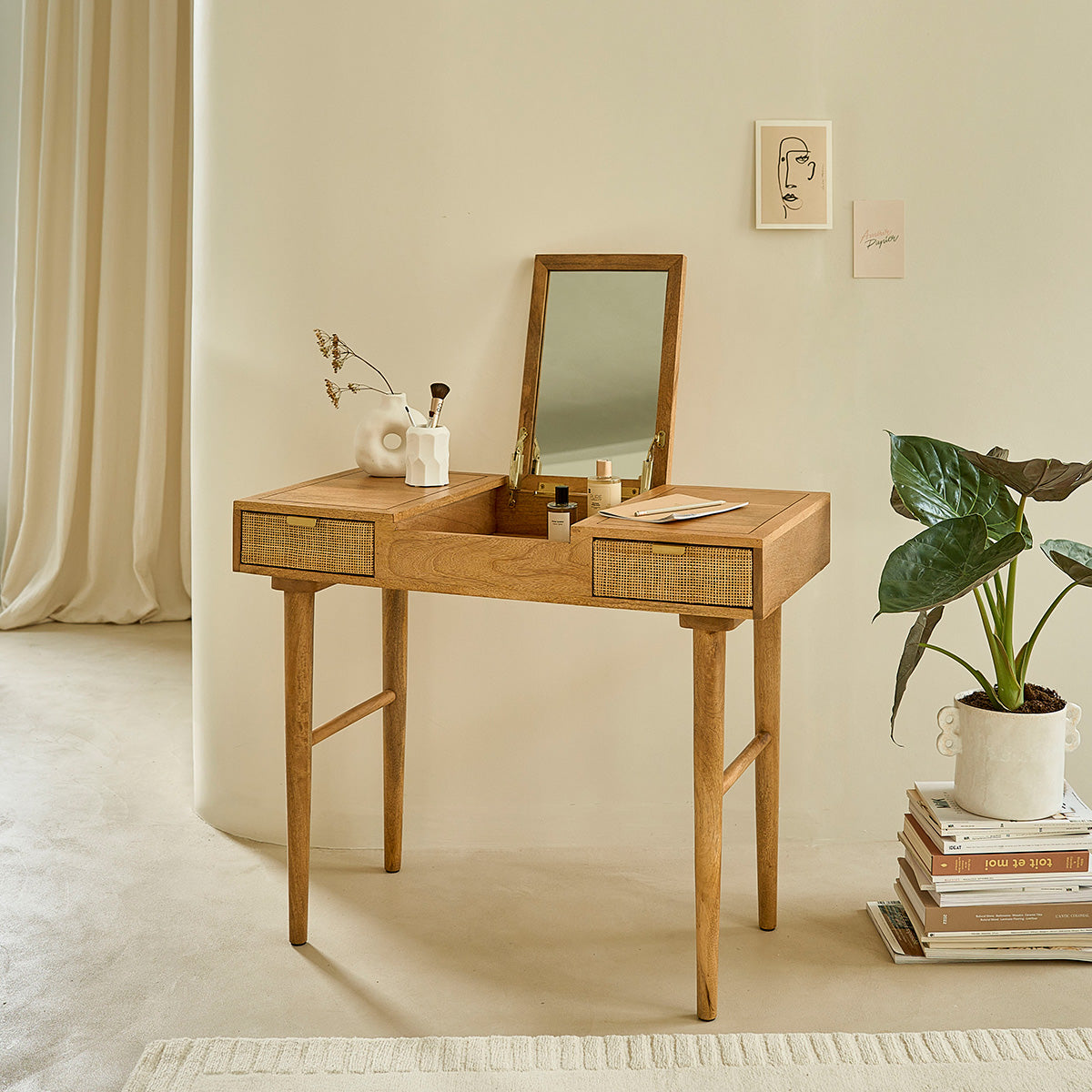 FELICIE - Schreibtisch aus massivem Mangoholz und Rohrgeflecht 90 cm