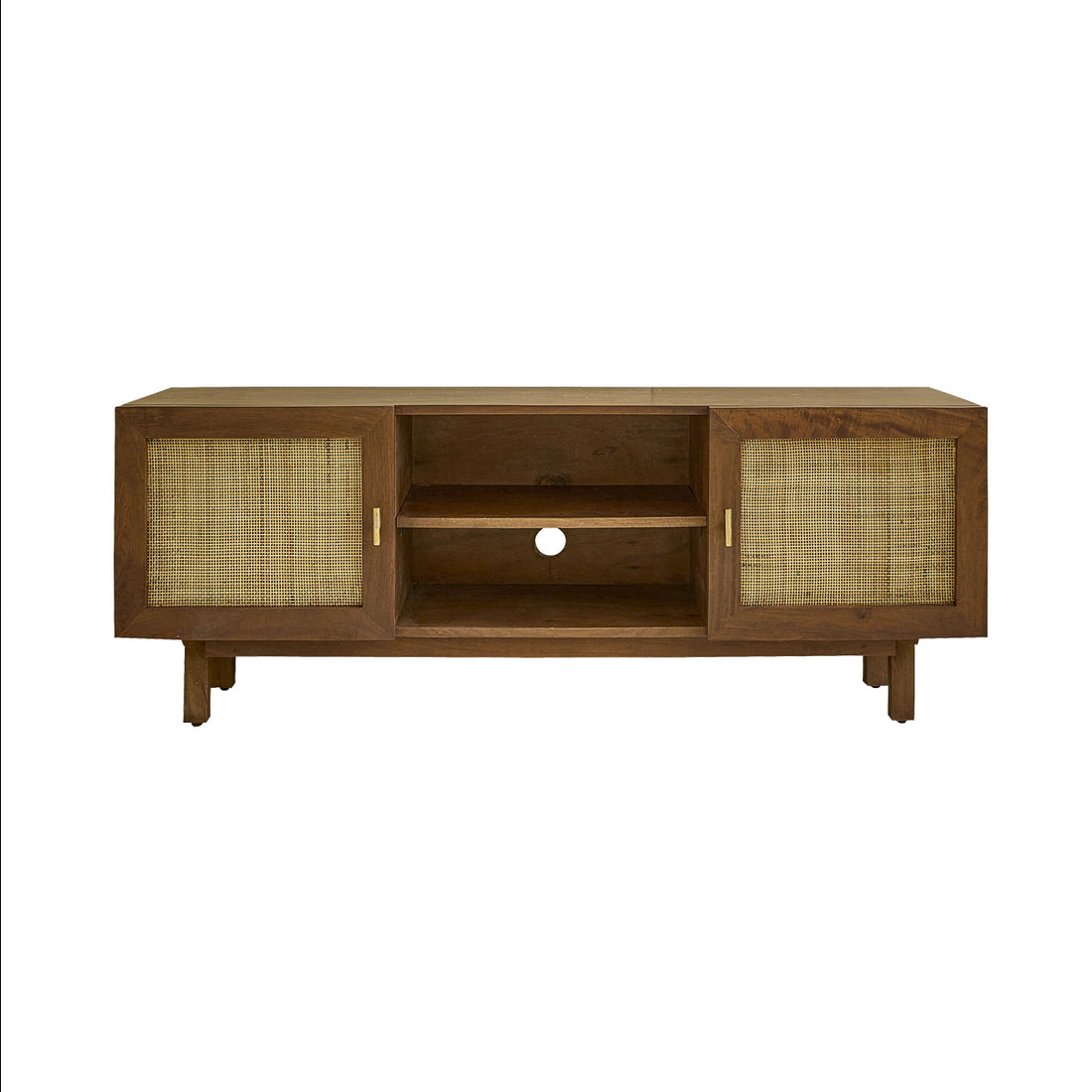 RAPHAEL - TV-Möbel aus massivem Mangoholz in Walnuss-Finish und Rohrgeflecht 140 cm