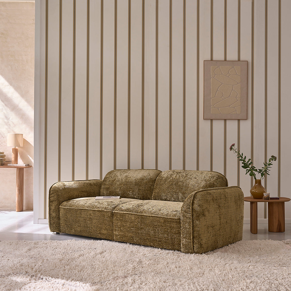 HECTOR - Gerades 3-Sitzer-Sofa aus grün-grauem strukturiertem Samt