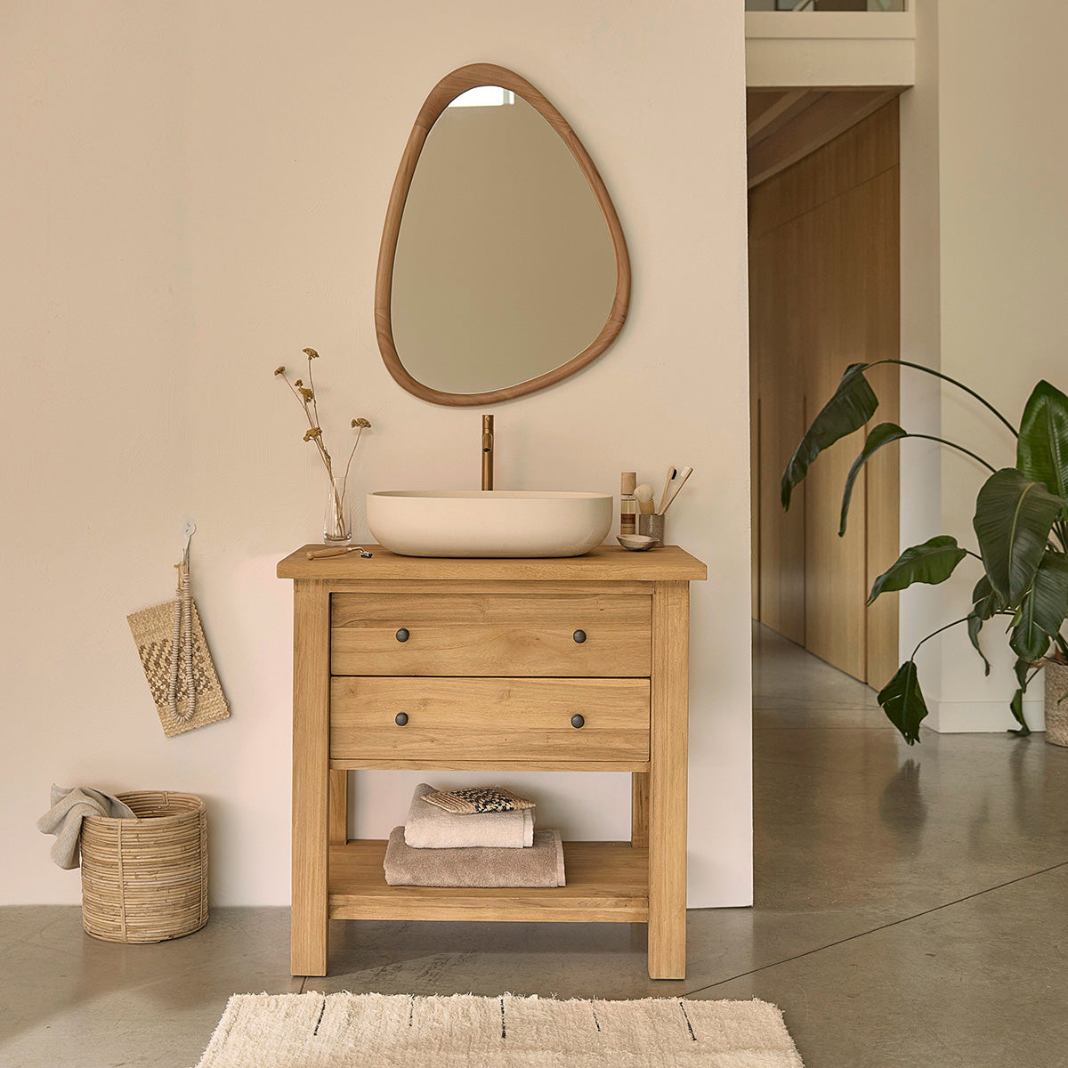 NAHELE - Waschtischunterschrank aus massivem recyceltem Teakholz 82 cm