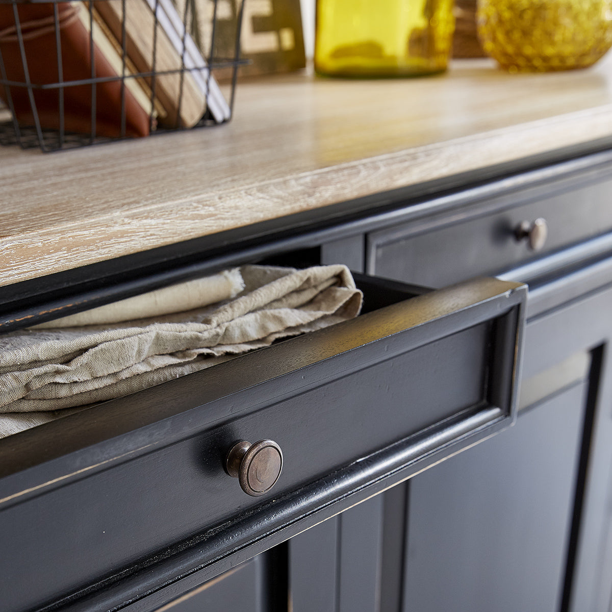 LONDRES - Sideboard aus Mahagoni und massivem Teakholz, 180 cm, schwarz