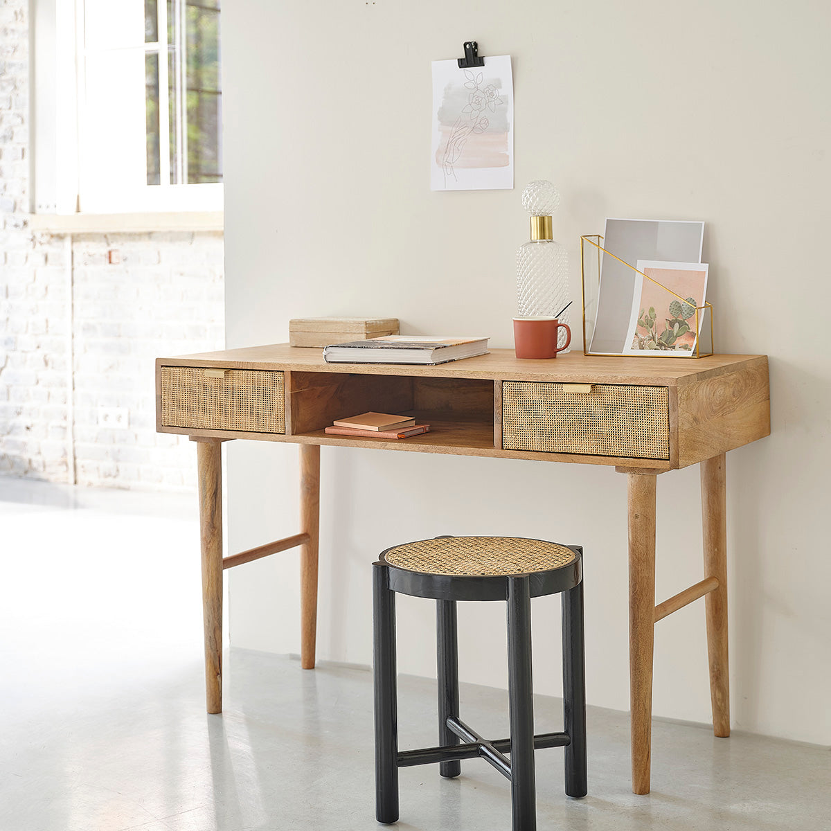FELICIE - Schreibtisch aus massivem Mangoholz und Rohrgeflecht 120 cm