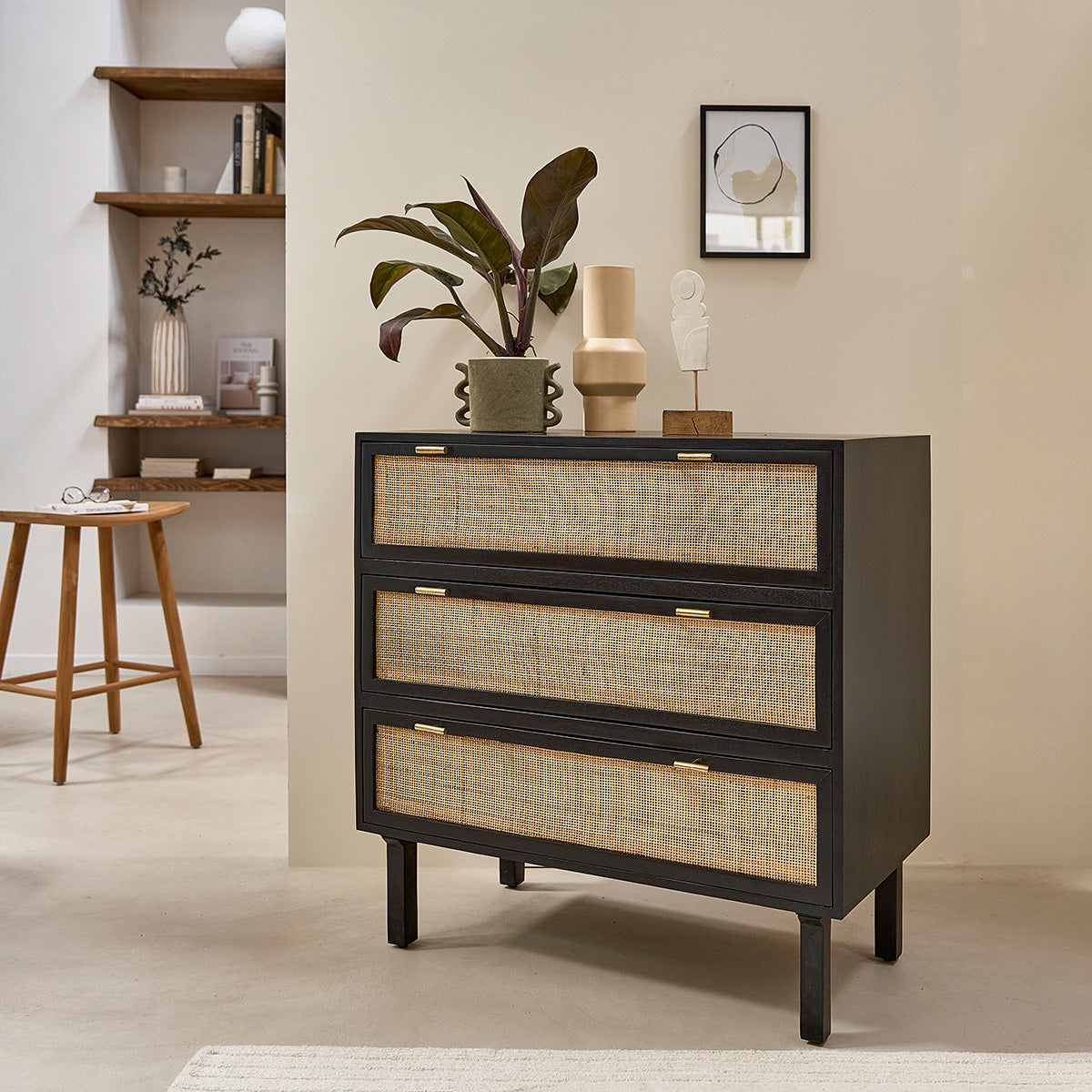 BLAISE - Kommode aus massivem Mangoholz und schwarzem Rohrgeflecht 90 cm