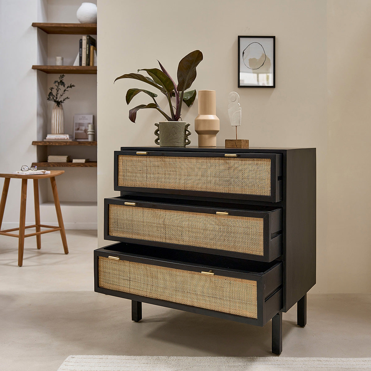 BLAISE - Kommode aus massivem Mangoholz und schwarzem Rohrgeflecht 90 cm