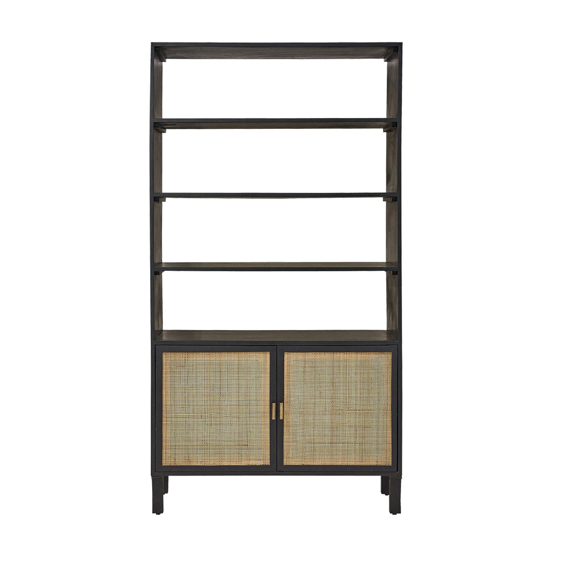 BLAISE - Bücherregal aus massivem Mangoholz, schwarz und Rohrgeflecht, H 170 cm