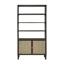 Bücherregal aus massivem Mangoholz, schwarz und Rohrgeflecht, H 170 cm