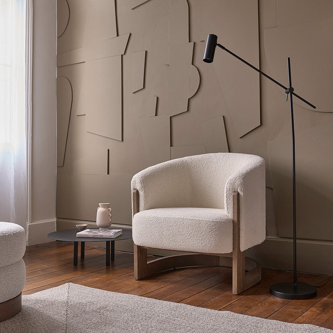 MALO - Sessel aus massivem Eichenholz und Bouclé-Stoff in Ecru