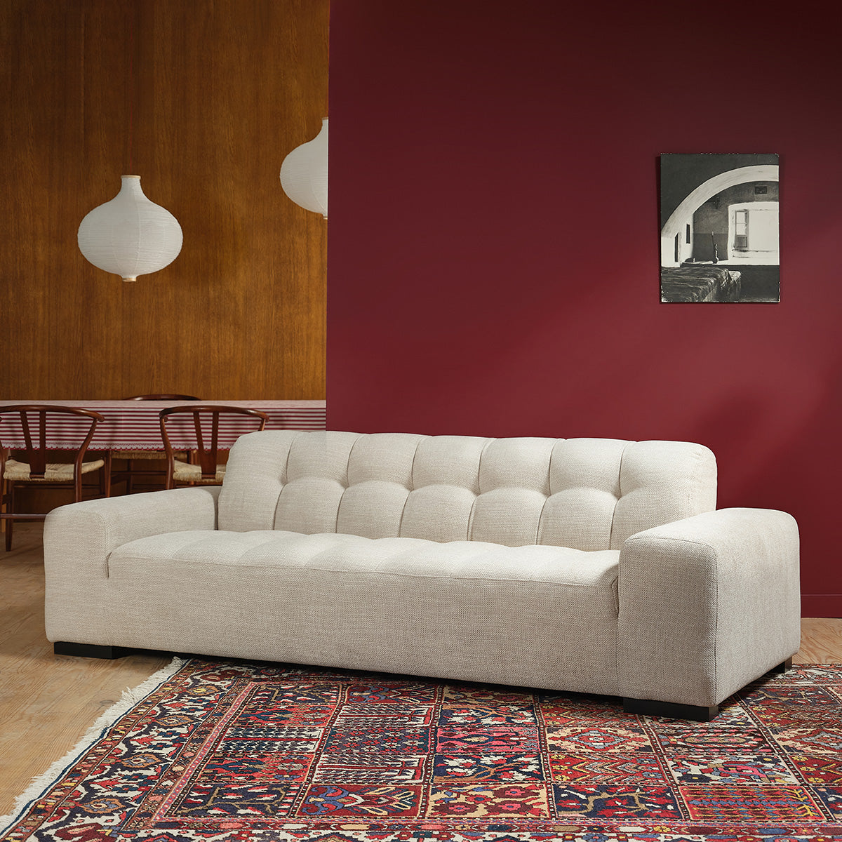 ALPHONSE - Gerades 4-Sitzer-Sofa aus beige meliertem Strukturstoff