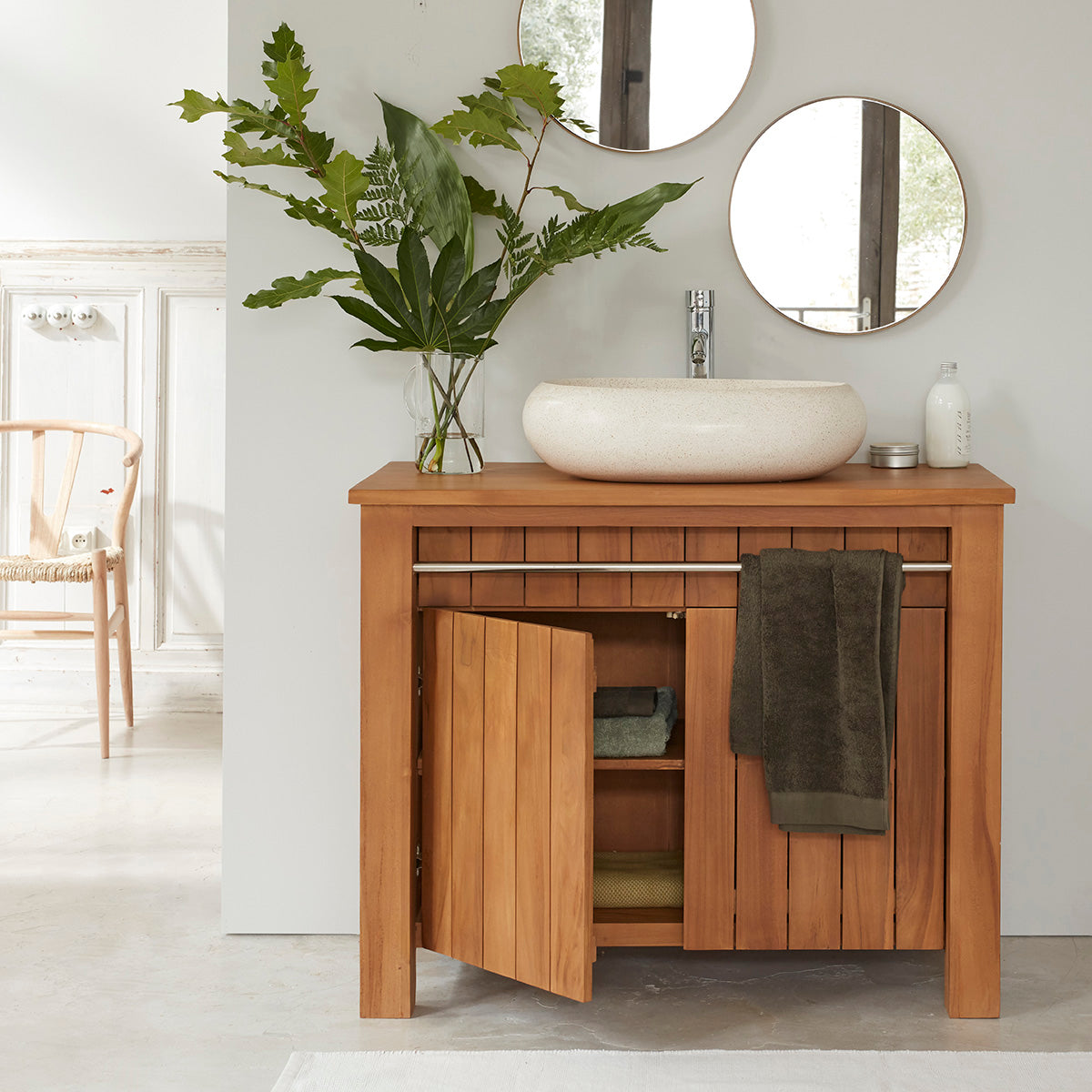 PORTO - Waschtischunterschrank aus massivem Teakholz 102 cm