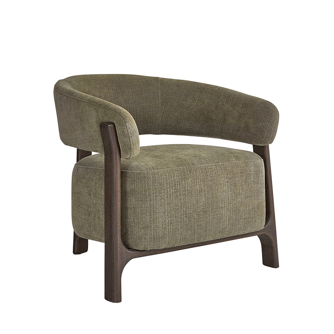 HENRI - Sessel aus massiver Eiche mit Nussbaum-Finish und khakifarbenem Chenille-Stoff