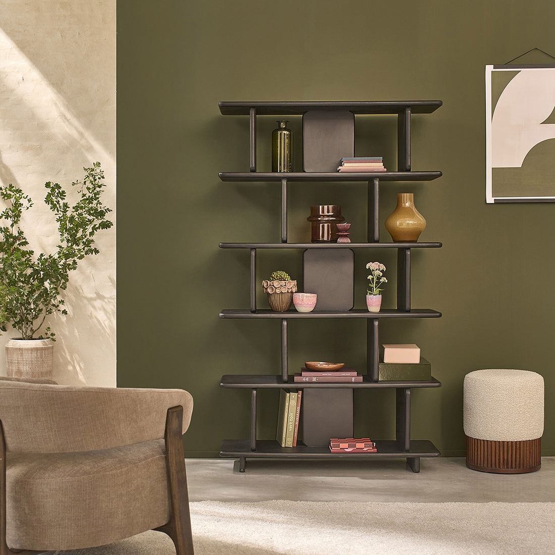 CLEO - Bücherregal aus massivem schwarzem Mangoholz, H 175 cm