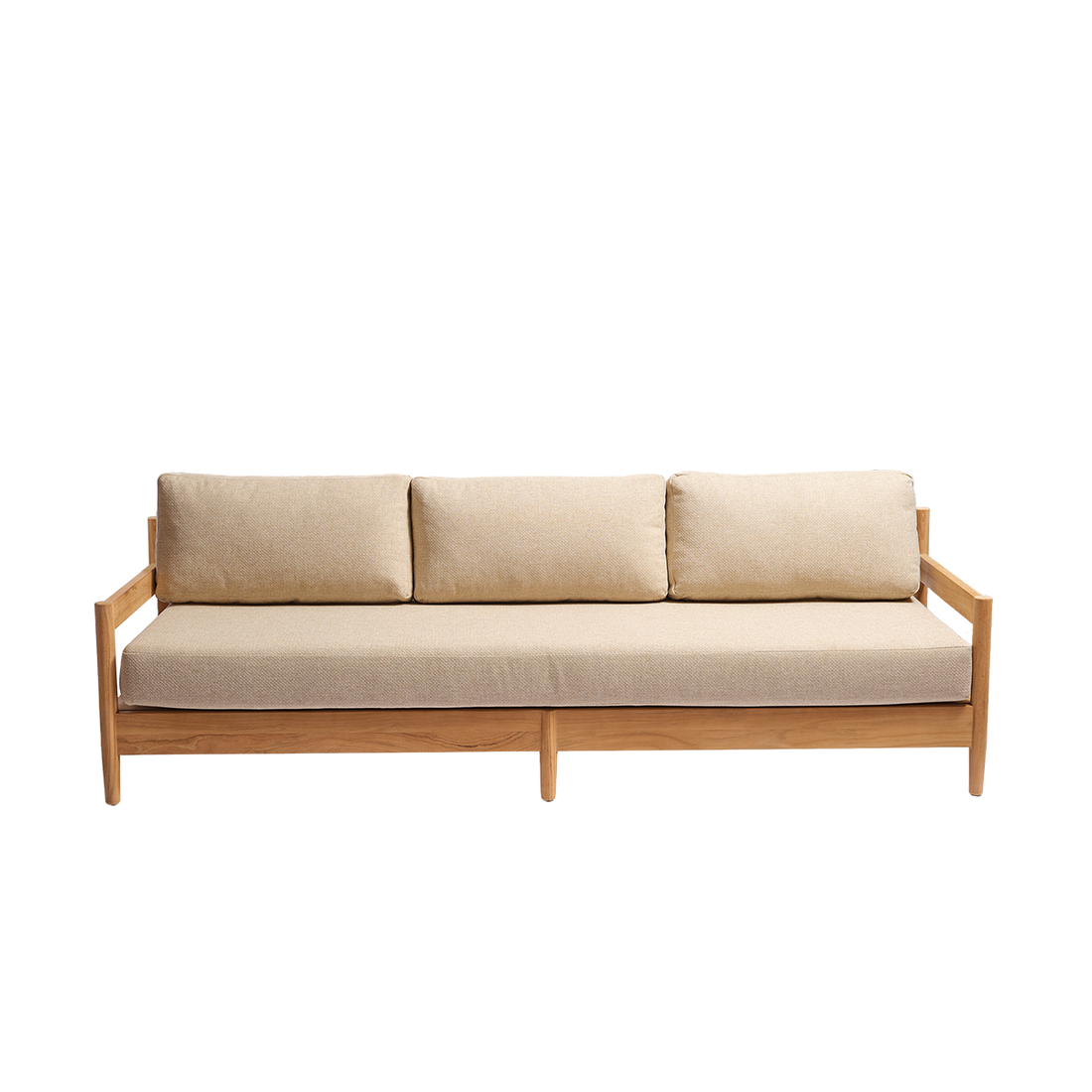 CALVI - Niedriges Gartensofa aus massivem Teakholz mit beige melierten Kissen, 4-Sitzer