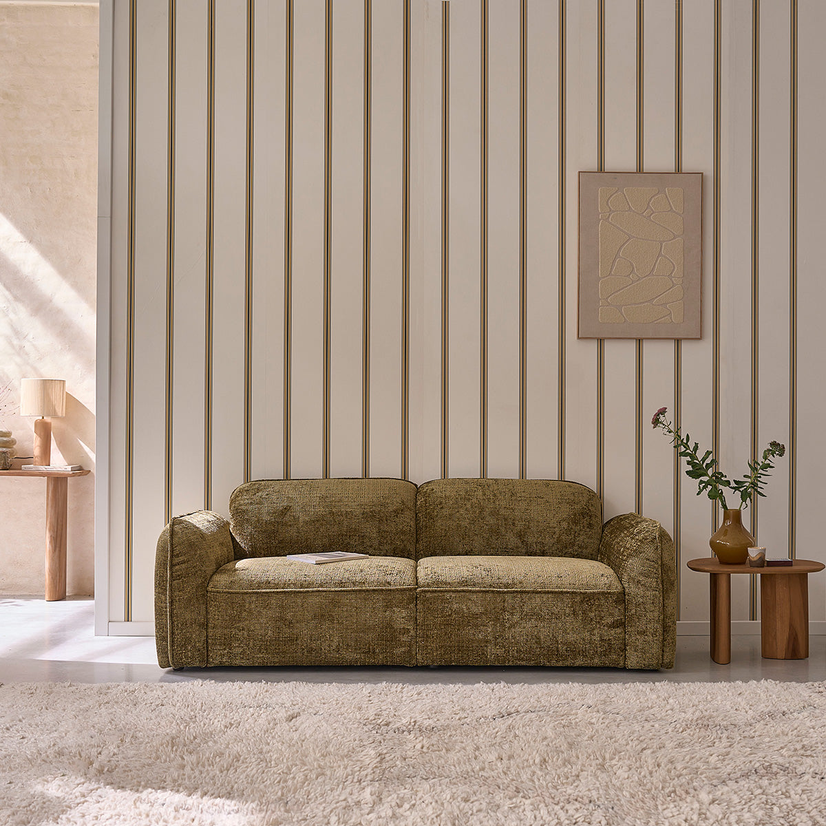 HECTOR - Gerades 3-Sitzer-Sofa aus grün-grauem strukturiertem Samt