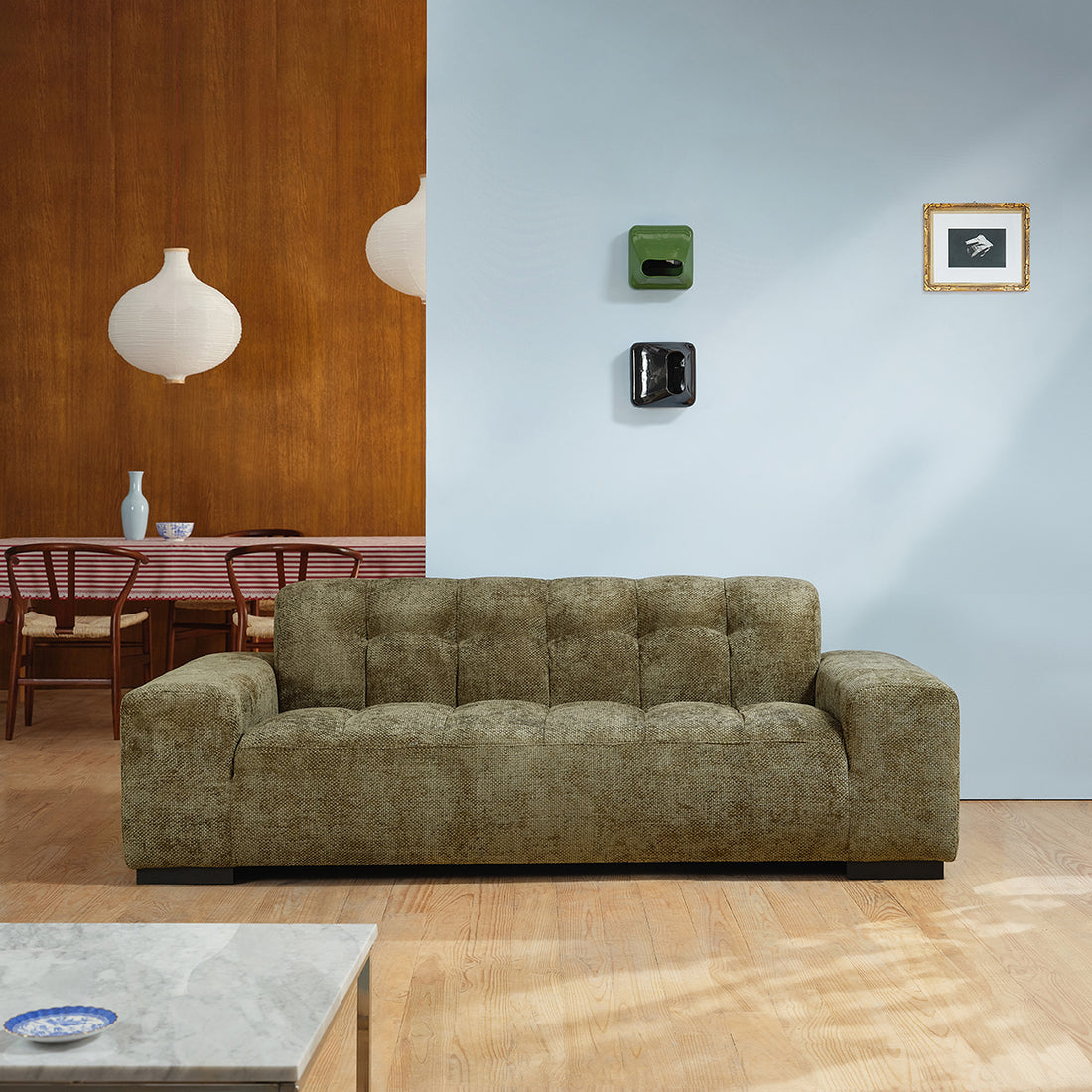 ALPHONSE - Gerades 3-Sitzer-Sofa aus khakifarbenem Geflechtvelours