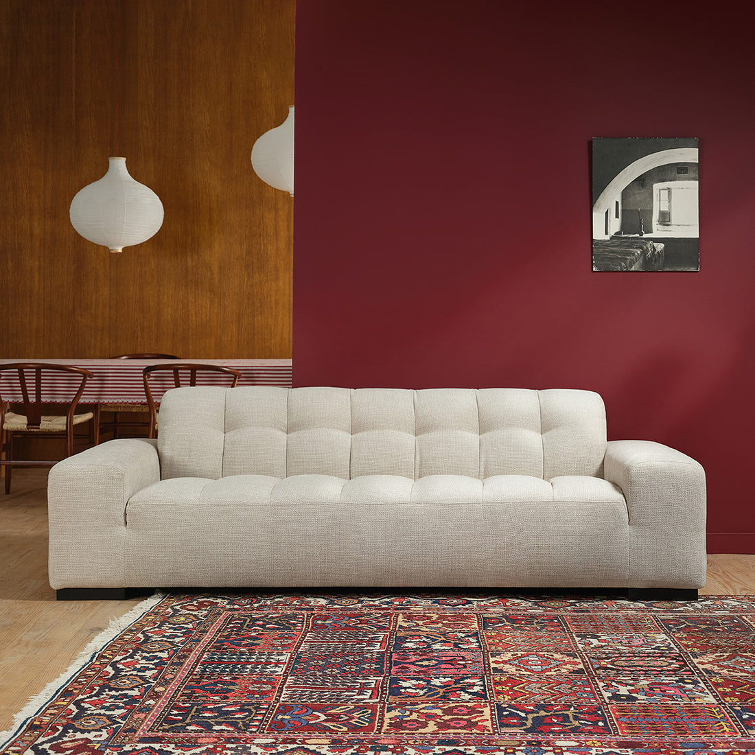 ALPHONSE - Gerades 4-Sitzer-Sofa aus beige meliertem Strukturstoff