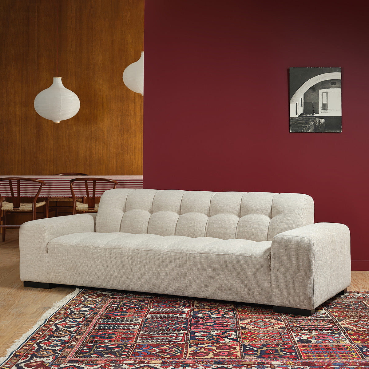 ALPHONSE - Gerades 4-Sitzer-Sofa aus beige meliertem Strukturstoff