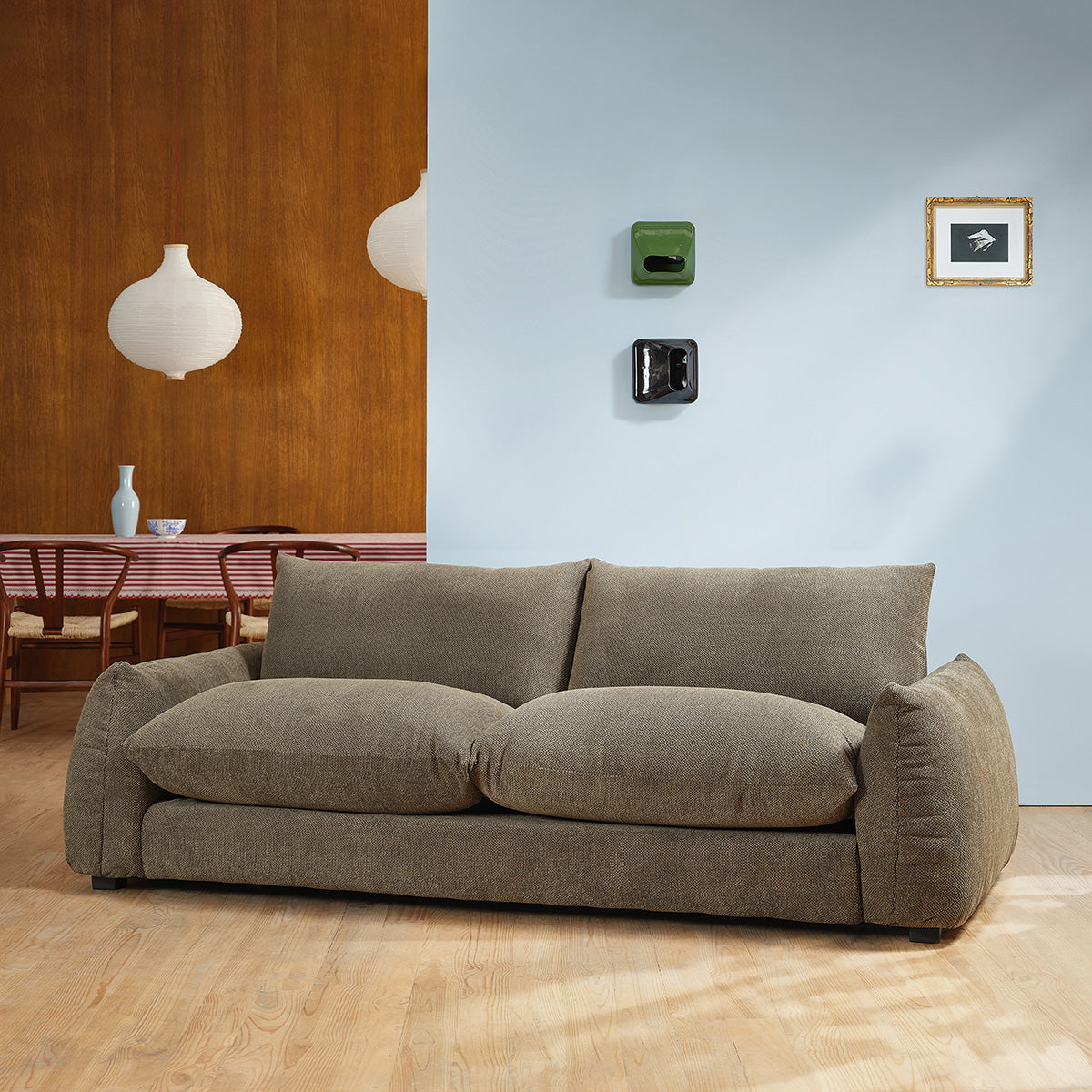 JACQUES - Gerades 3-Sitzer-Sofa aus khakifarbenem meliertem Strukturstoff