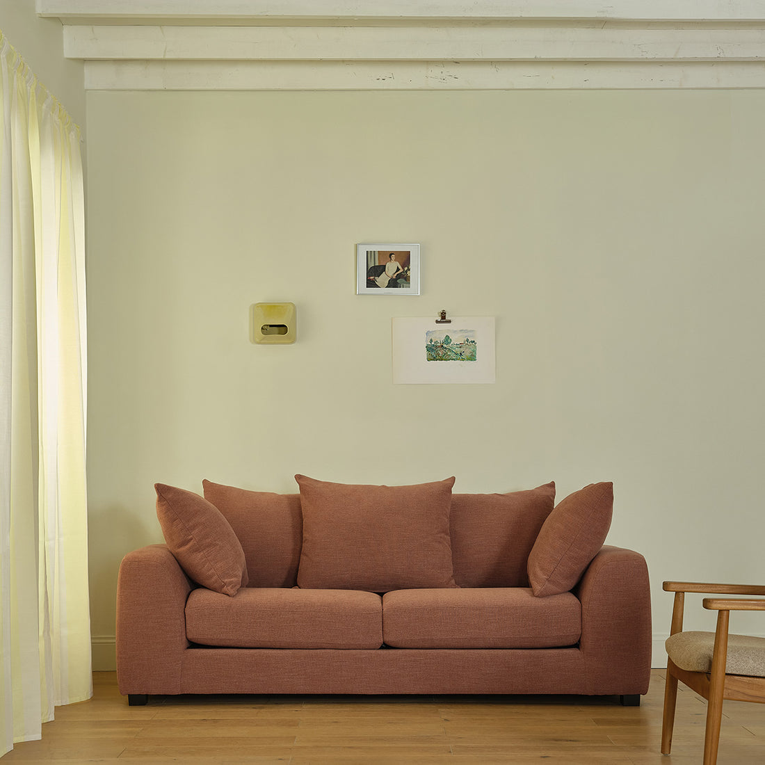 EDMOND - Gerades 3-Sitzer-Sofa aus terrakottafarbenem Stoff in Leinenoptik