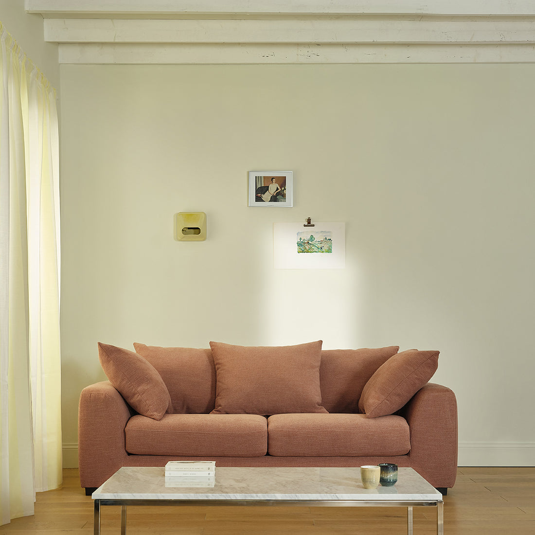 EDMOND - Gerades 3-Sitzer-Sofa mit Liegefunktion aus terrakottafarbenem Stoff in Leinenoptik