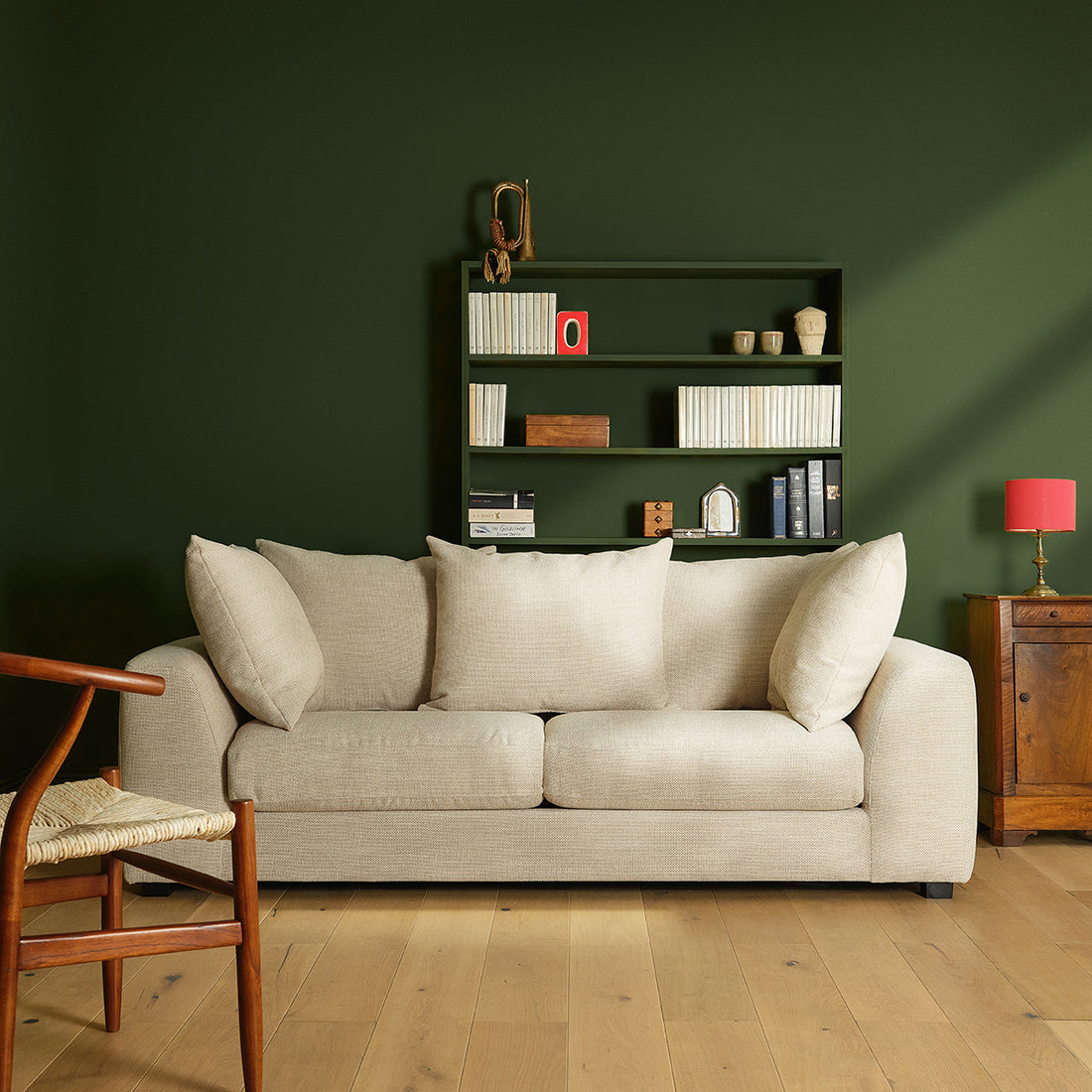 EDMOND - Gerades 3-Sitzer-Sofa mit Liegefunktion aus meliertem, beigem Strukturstoff