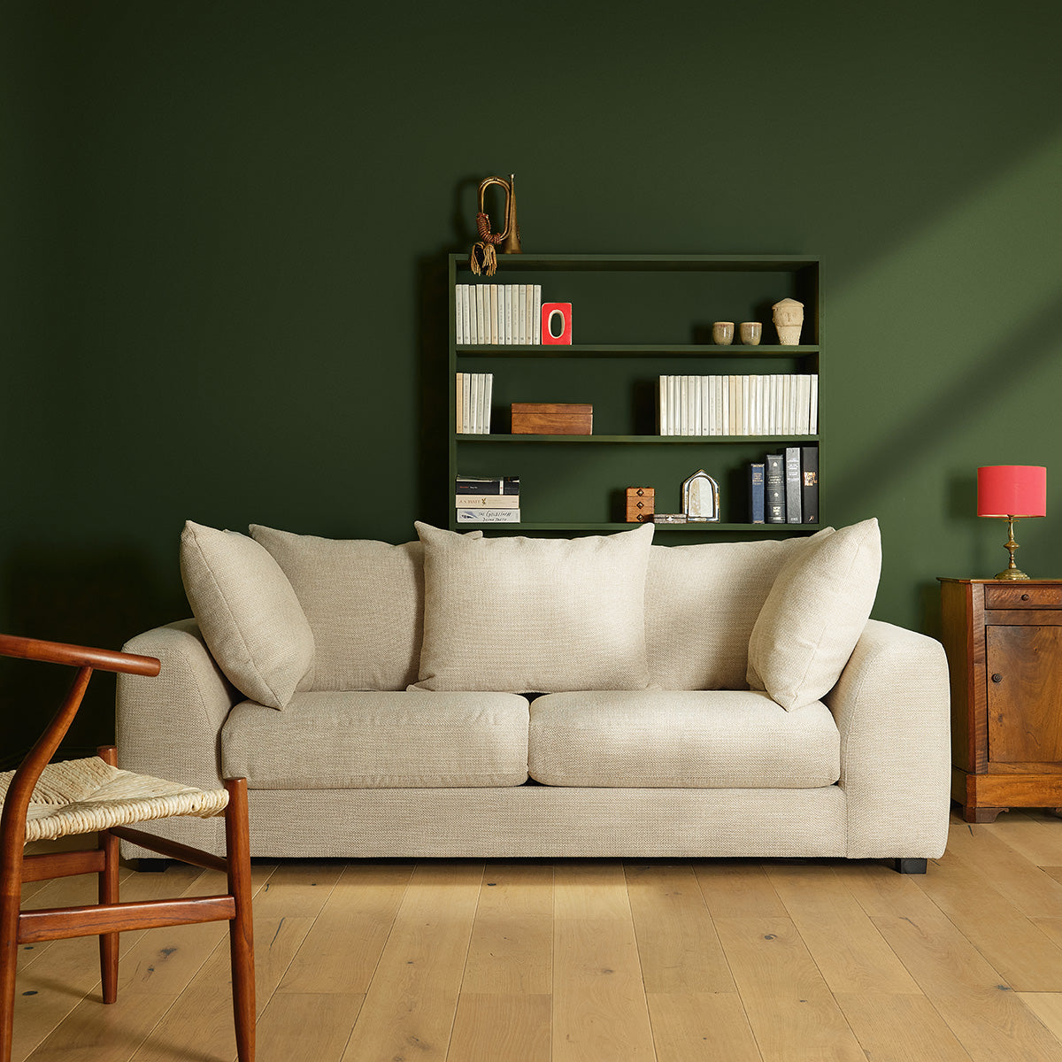 EDMOND - Gerades 3-Sitzer-Sofa mit Liegefunktion aus meliertem, beigem Strukturstoff