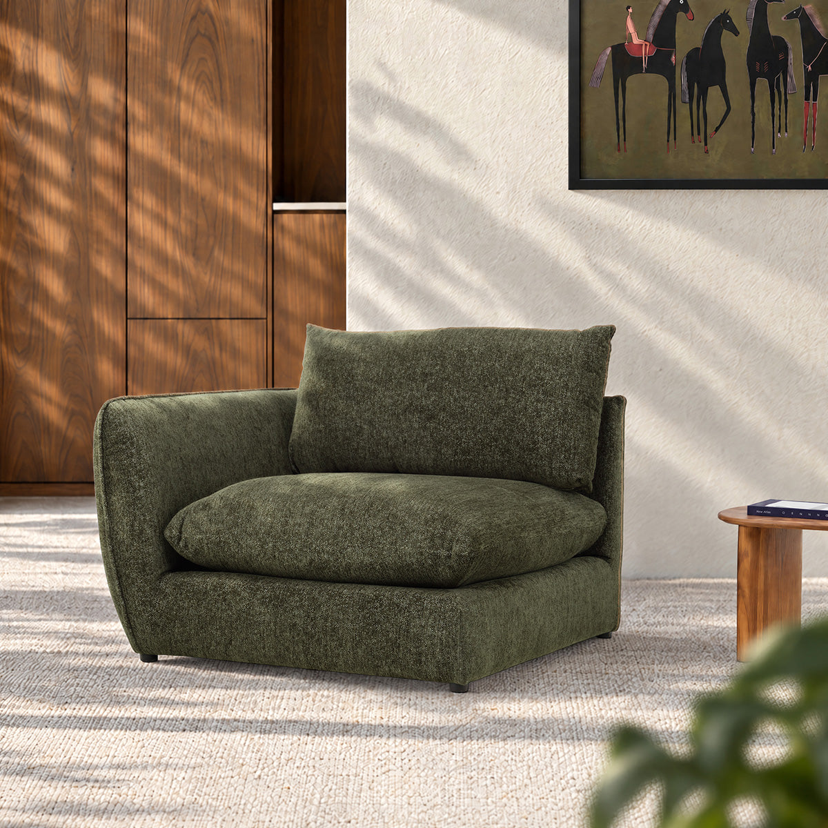 LEOPOLD - Modulares Eckelement aus grün meliertem Chenille