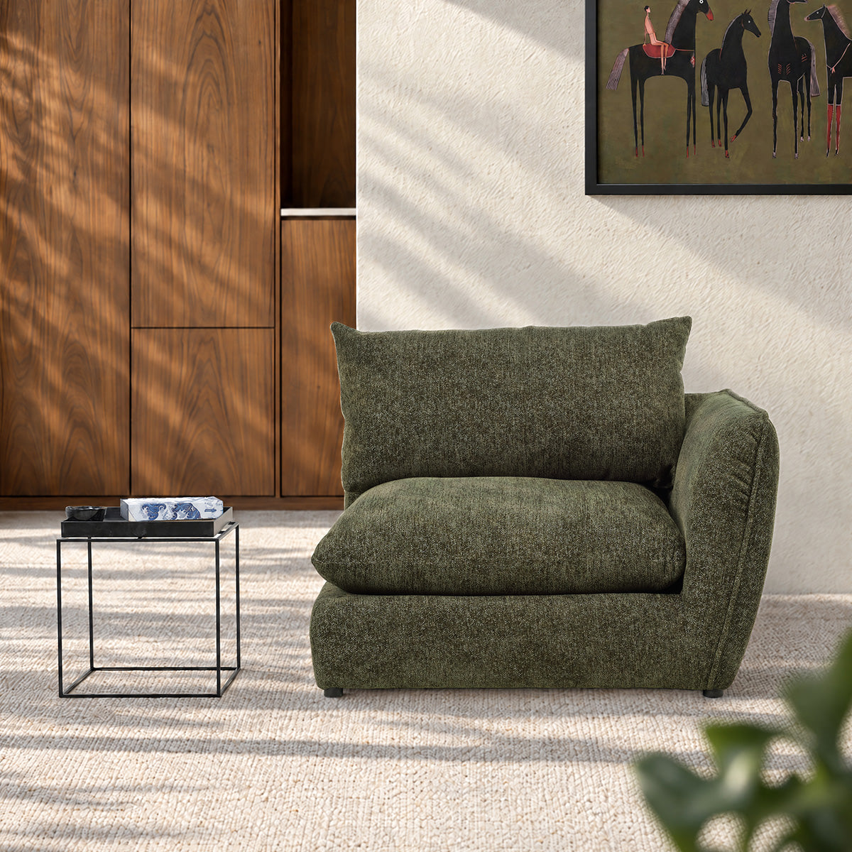 LEOPOLD - Modulares rechtwinkliges Sofa aus grün meliertem Chenille-Stoff