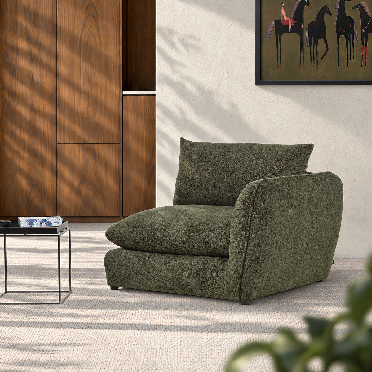 LEOPOLD - Modulares rechtwinkliges Sofa aus grün meliertem Chenille-Stoff