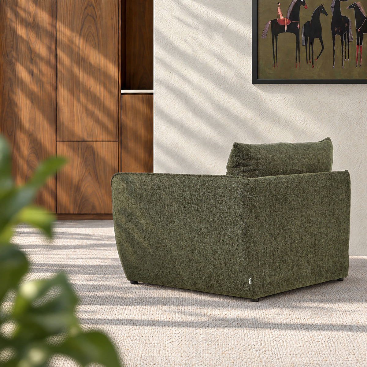 LEOPOLD - Modulares rechtwinkliges Sofa aus grün meliertem Chenille-Stoff