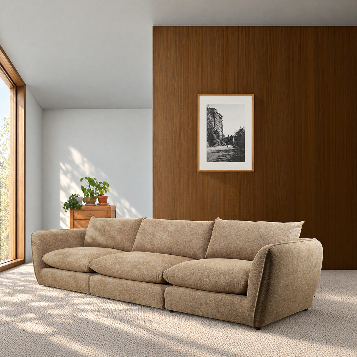 LEOPOLD - Modulares 3-Sitzer-Sofa aus hellbraunem, strukturiertem Stoff