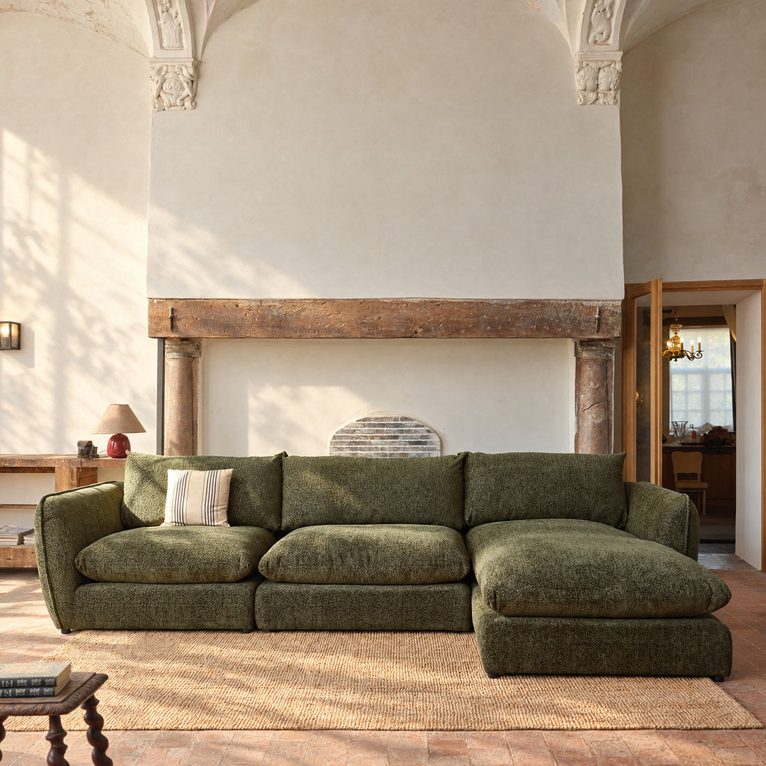 LEOPOLD - Modulares 3-Sitzer-Sofa aus grün meliertem Chenille-Stoff – rechte Chaiselongue