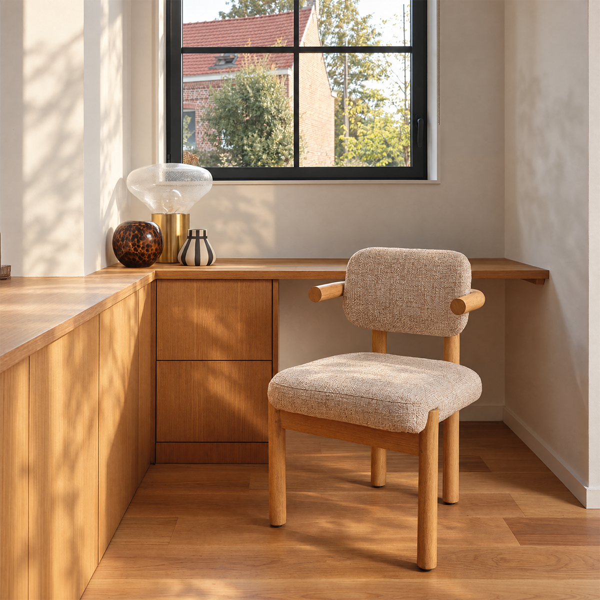 NEO - Stuhl aus naturbelassenem Mindi-Massivholz und beige meliertem, strukturiertem Stoff