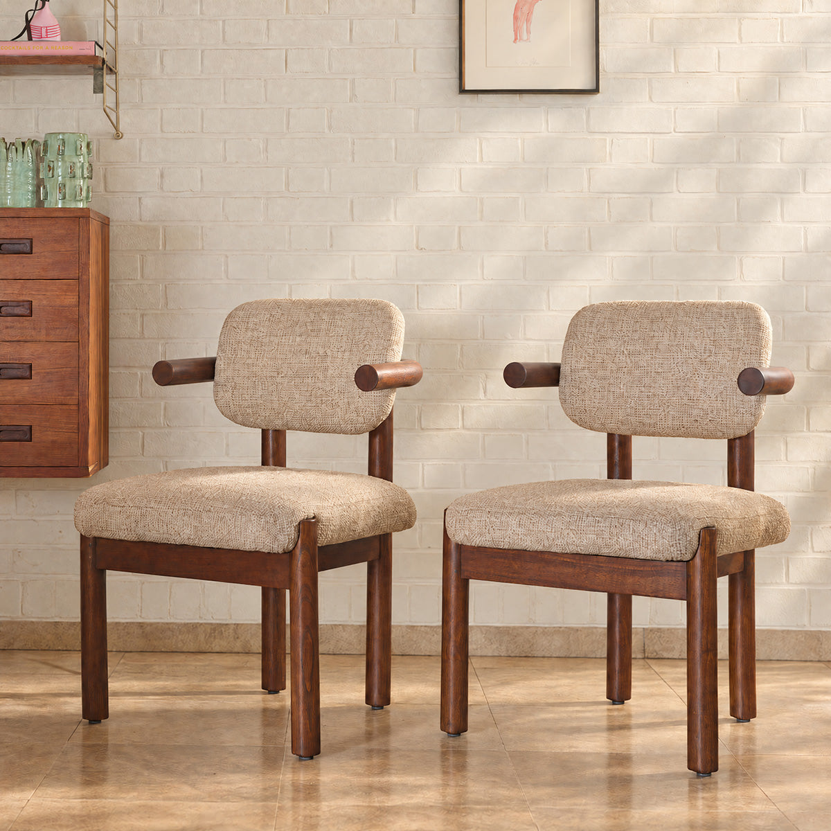 NEO - 2er-Set Stühle aus massivem Mindi-Holz und beige meliertem, strukturiertem Stoff