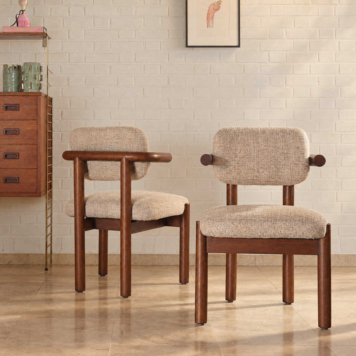 NEO - 2er-Set Stühle aus massivem Mindi-Holz und beige meliertem, strukturiertem Stoff