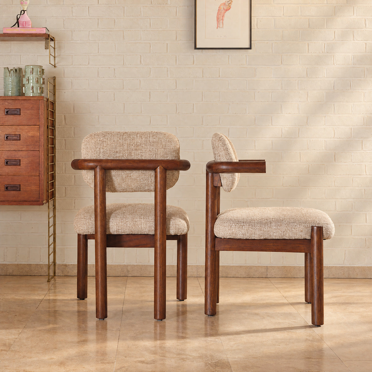 NEO - 2er-Set Stühle aus massivem Mindi-Holz und beige meliertem, strukturiertem Stoff